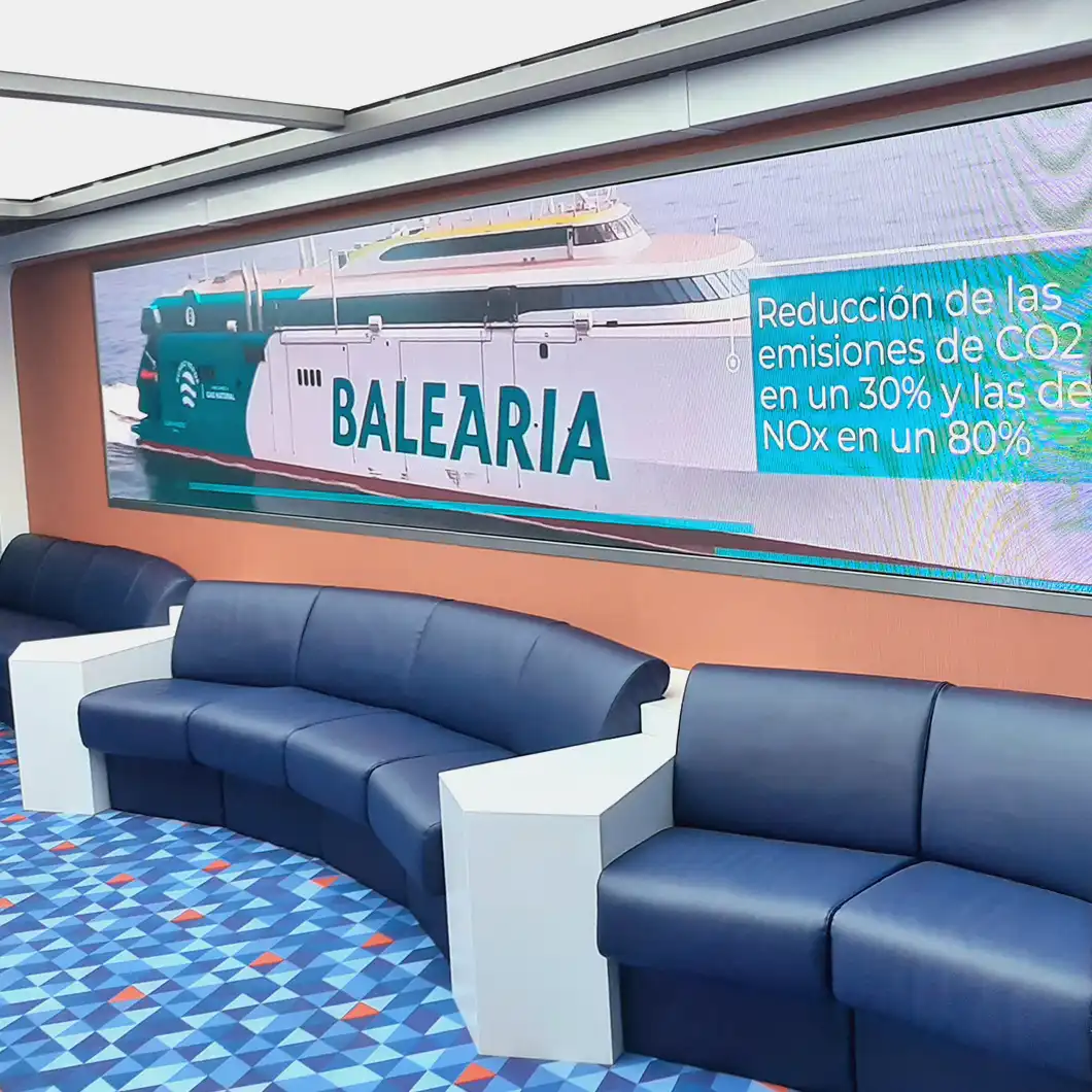 Reception LED wall greeting passengers aboard BALEÀRIA’s Eleanor Roosevelt ferry.