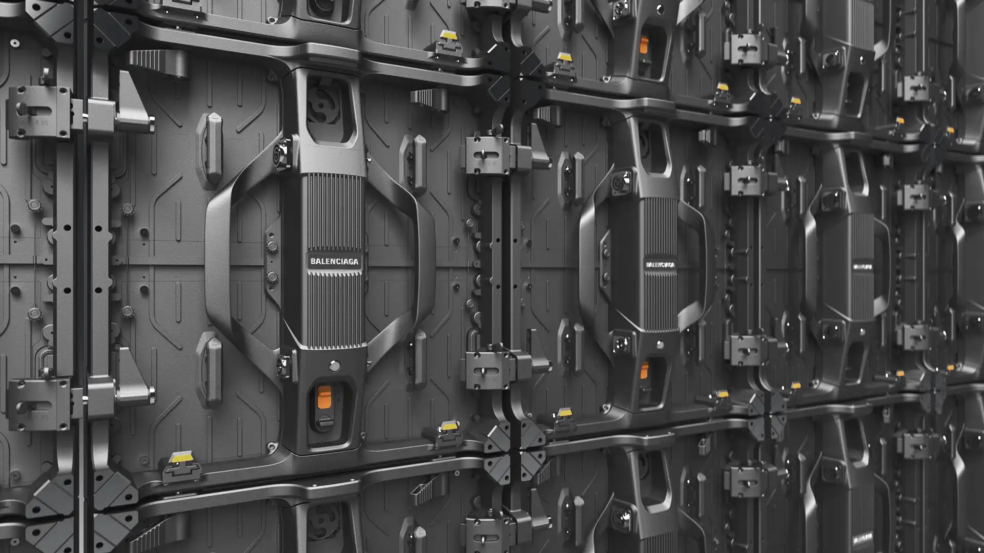 Large-format LED display in Balenciaga Milan storefront showcasing dynamic visuals and brand content.