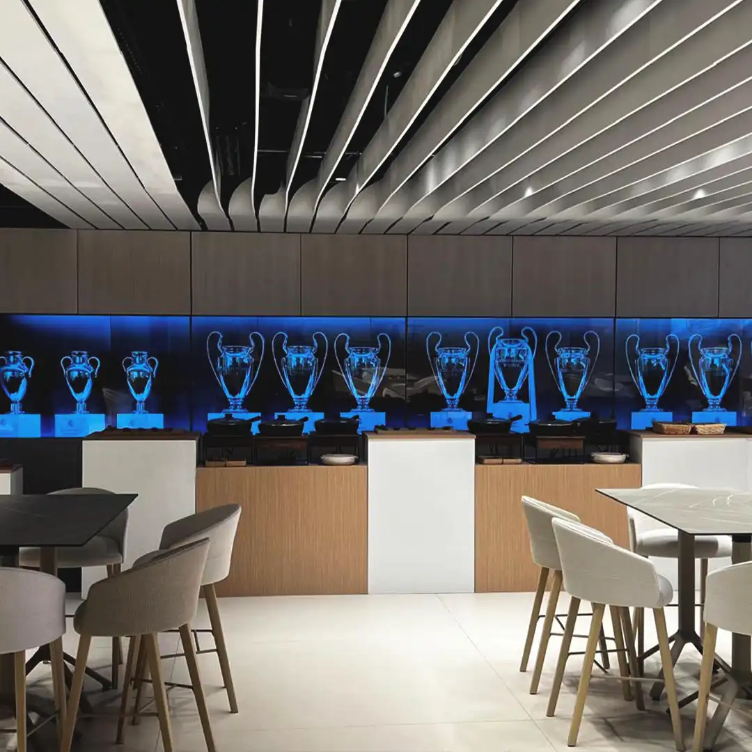 LED ceiling displaying 3D immersive content inside Santiago Bernabéu Stadium to enhance fan engagement.