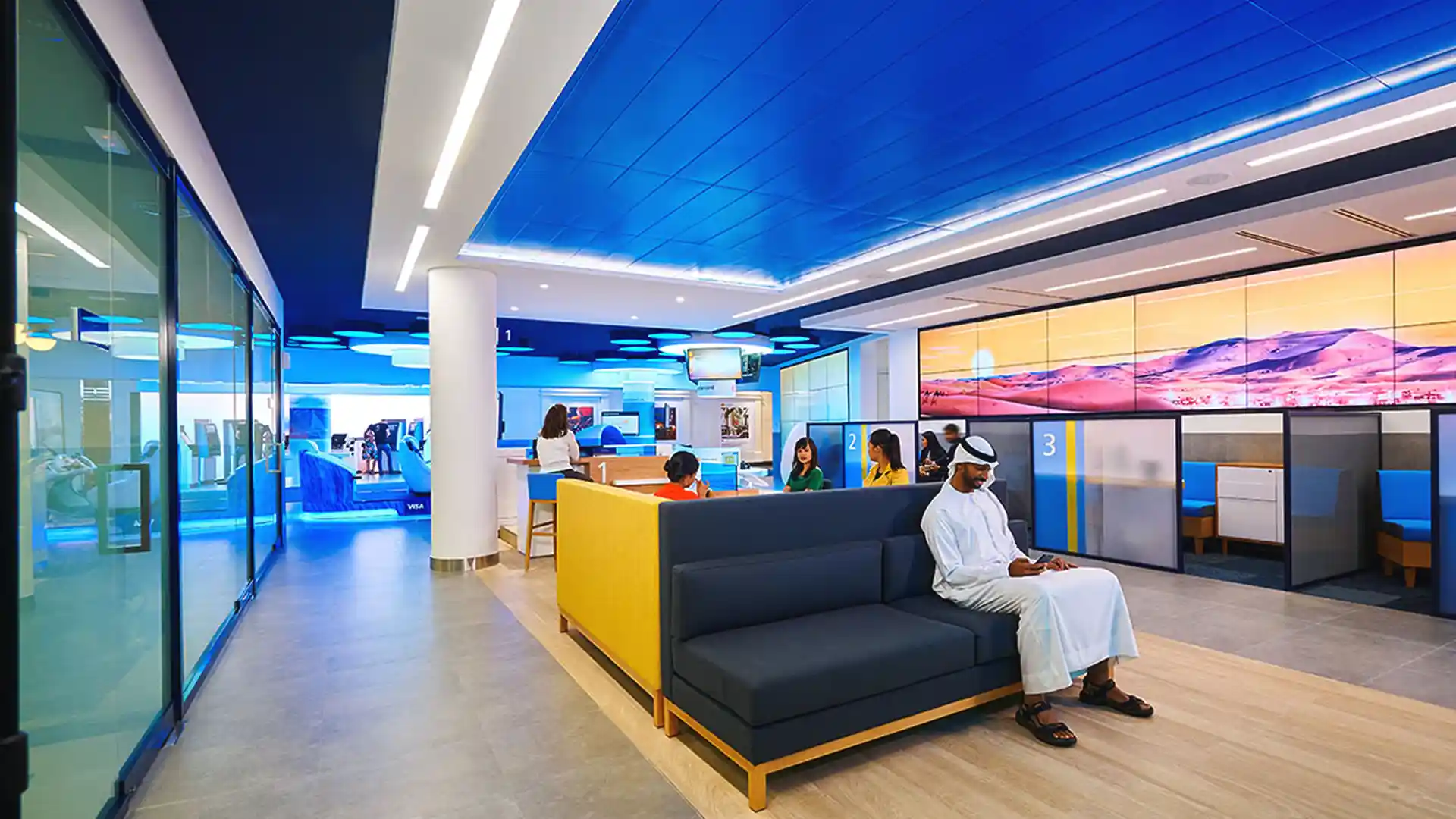 Interior view showing the challenge of transforming traditional banking areas into interactive digital spaces.