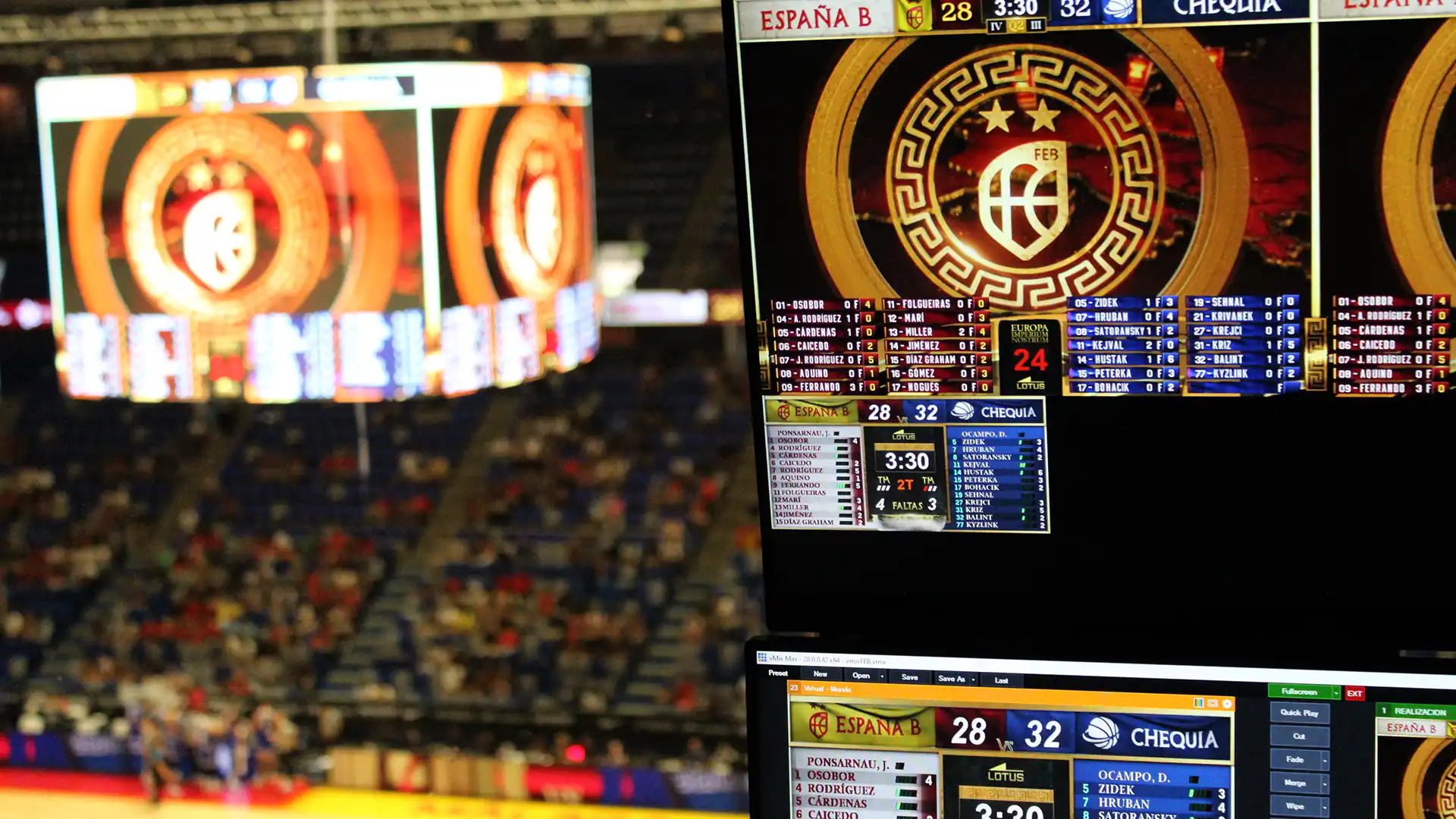 TRISON Yellowbricks technical team operating live graphics and statistics during a match, synchronizing visuals with real-time game events.