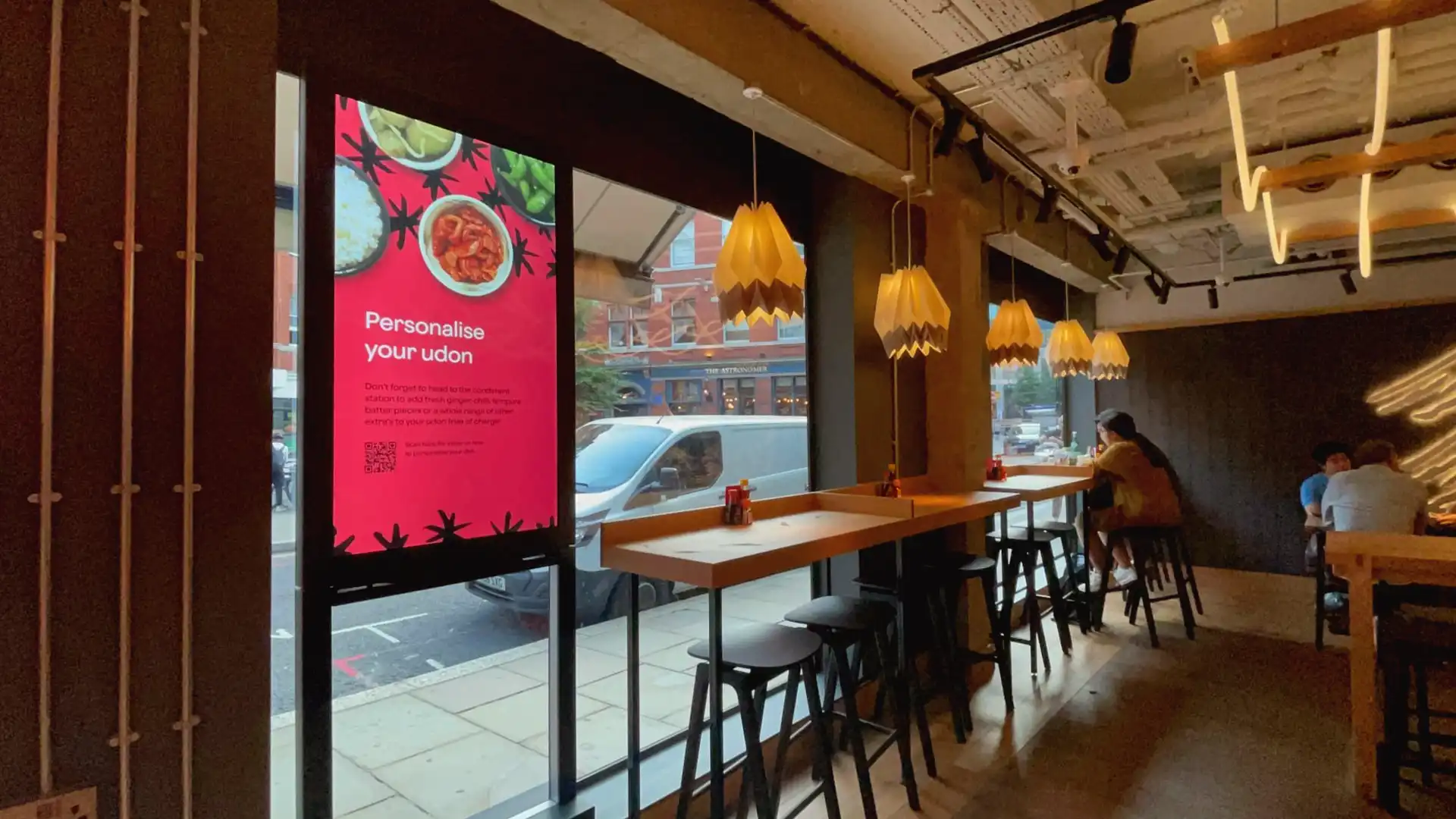 Digital signage and interactive menu deployment inside Marugame Udon London restaurant.